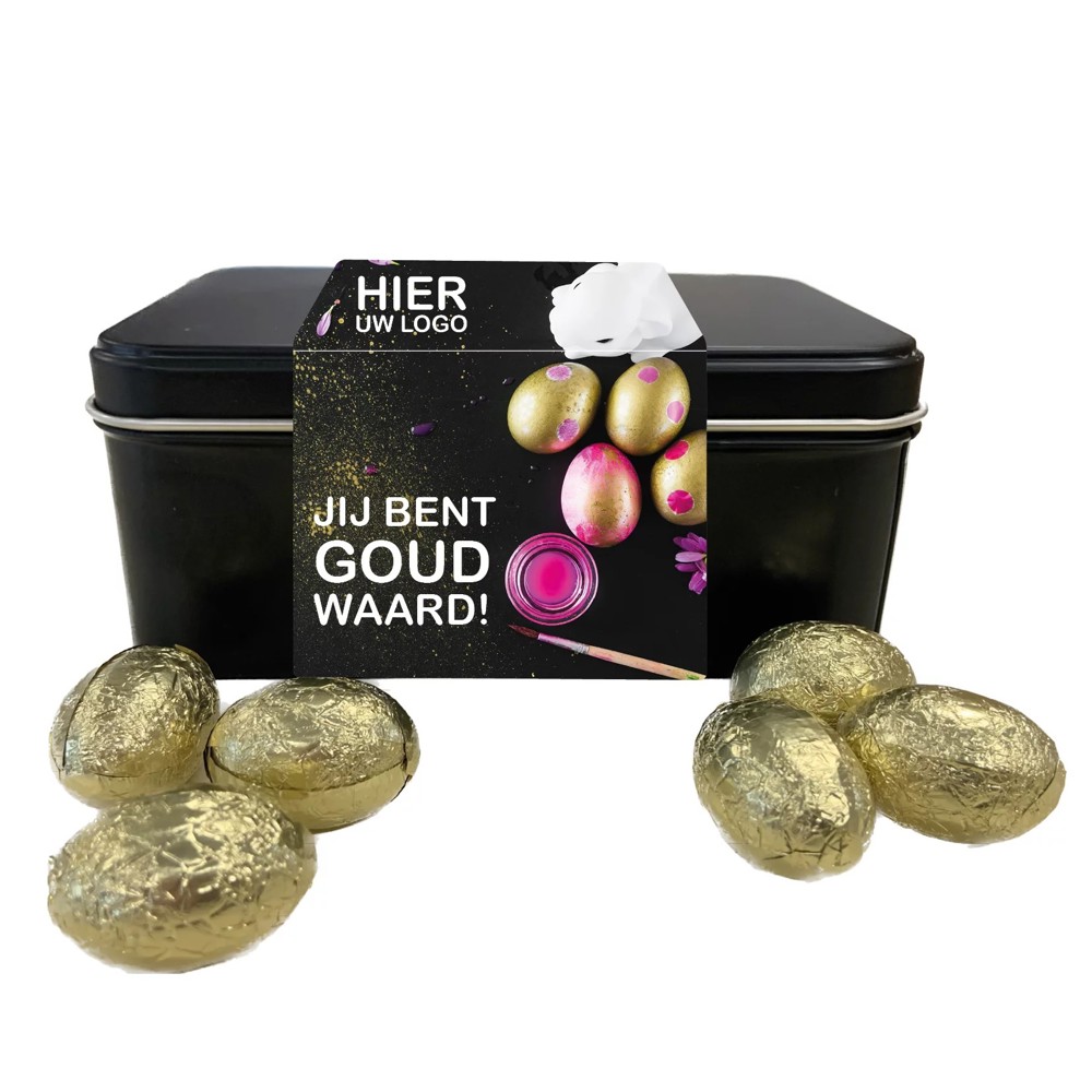 Geschenkblik met 400 gram gouden paaseitjes