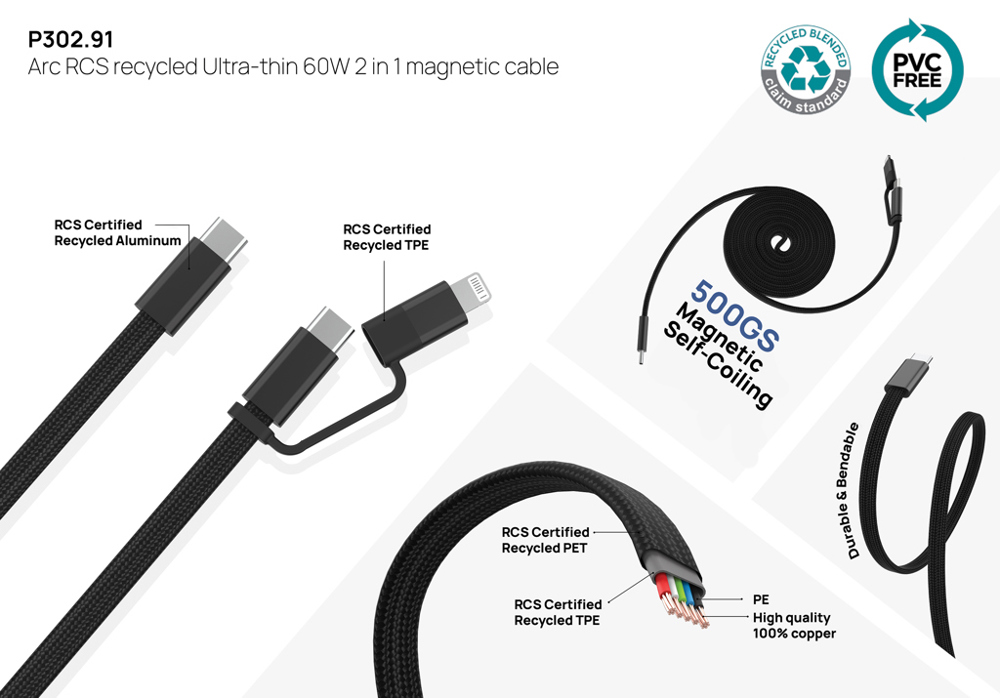 Arc Ultra-thin RCS recycled 60W 2 in 1 magnetische kabel